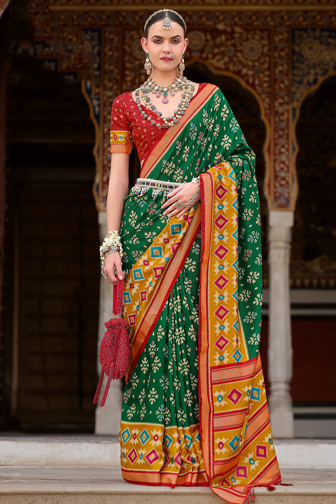 Adorable Green Printed Silk Event Wear Saree With Blouse
