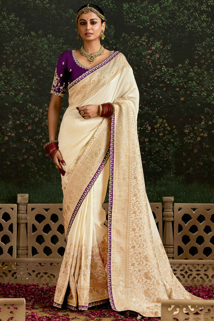 Alluring Cream Zari Weaving Silk Event Wear Saree With Blouse