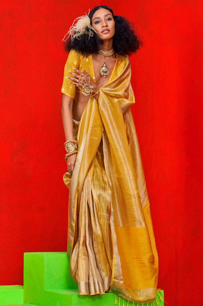 Stunning Yellow Zari Weaving Silk Haldi Wear Saree With Blouse