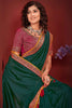 Stunning Teal Green Heavy Border Work Vichitra Silk Event Wear Saree