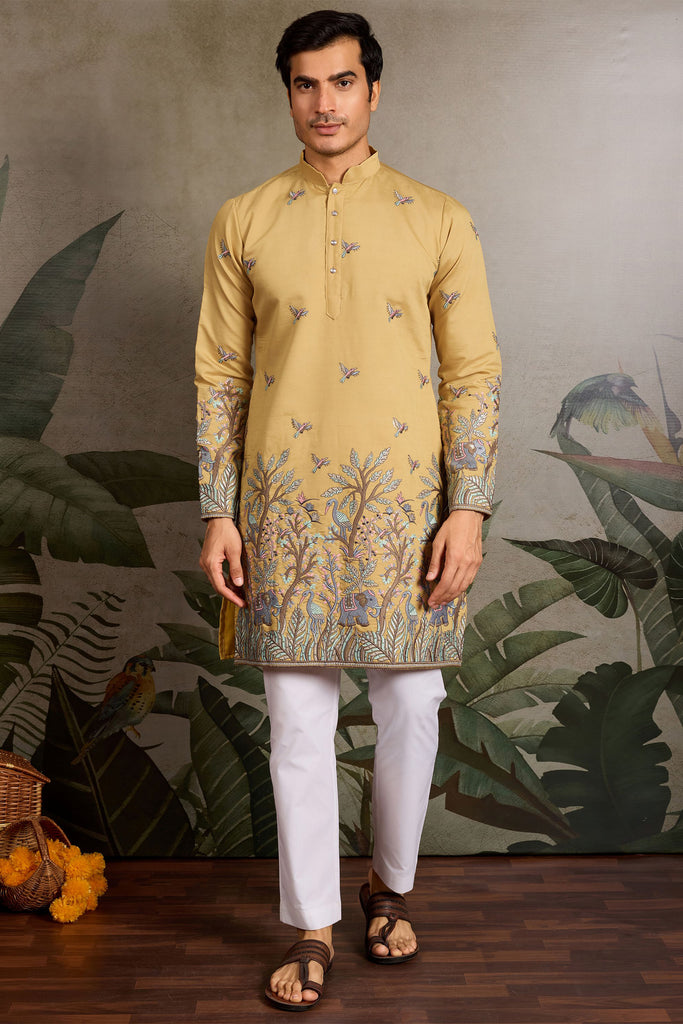 Outstanding Yellow Thread Work Viscose Haldi Wear Men Kurta