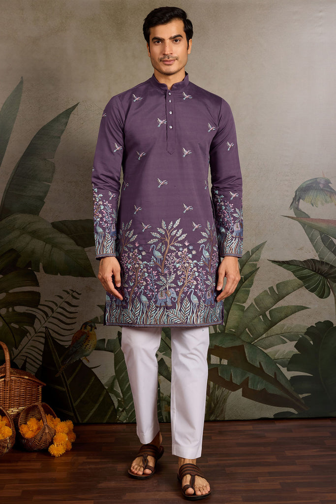 Tantalizing Dusty Purple Thread Work Viscose Wedding For Men Kurta
