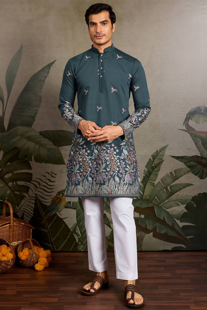 Precious Teal Green Thread Embroidered Viscose Silk Men Kurta