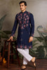 Spectacular Navy Blue Thread Work Viscose Silk Engagement Wear Men Kurta