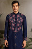 Spectacular Navy Blue Thread Work Viscose Silk Engagement Wear Men Kurta