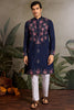 Spectacular Navy Blue Thread Work Viscose Silk Engagement Wear Men Kurta