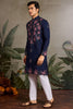 Spectacular Navy Blue Thread Work Viscose Silk Engagement Wear Men Kurta