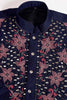 Spectacular Navy Blue Thread Work Viscose Silk Engagement Wear Men Kurta