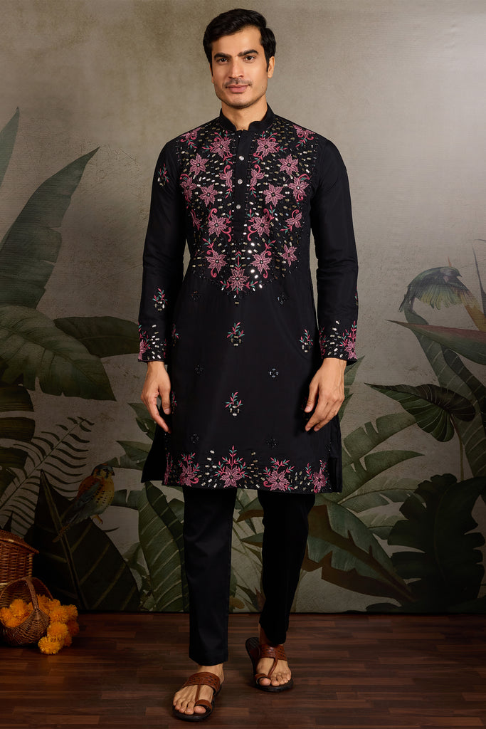 Beautiful Black Sequins Viscose Silk Sangeet Wear Men Kurta