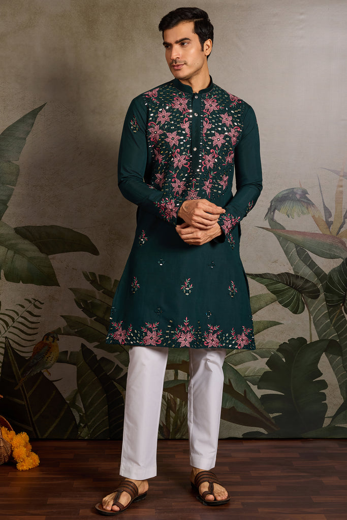 Gorgeous Green Thread Embroidered Viscose Silk Festival Wear Men Kurta