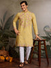 Stunning Yellow Thread Work Viscose Silk Haldi Wear Men Kurta