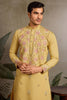 Stunning Yellow Thread Work Viscose Silk Haldi Wear Men Kurta
