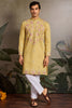 Stunning Yellow Thread Work Viscose Silk Haldi Wear Men Kurta
