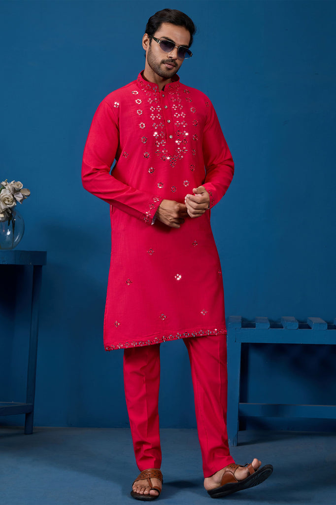 Amazing Rani Pink Thread Work Viscose Silk Function Wear Men Kurta With Pant
