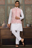 Bewitching White Thread Work Silk Men Kurta With Pant And Jacket