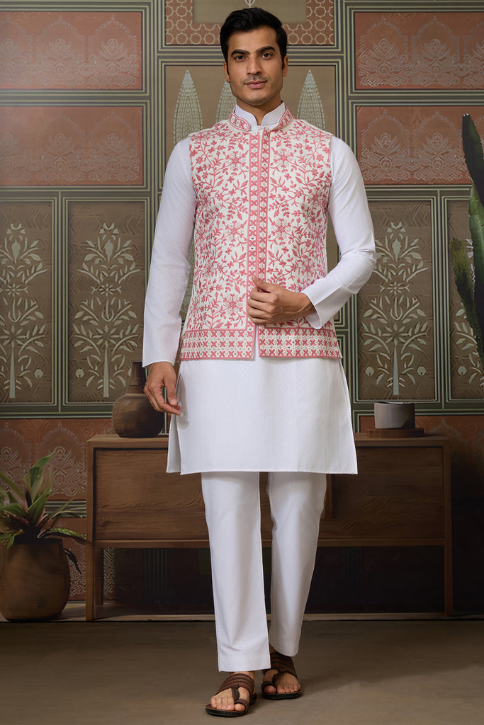 Bewitching White Thread Work Silk Men Kurta With Pant And Jacket