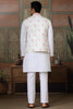 Bewitching White Thread Work Silk Men Kurta With Pant And Jacket