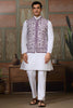 Awesome White Sequins Silk Function Wear Men Kurta With Pant And Jacket
