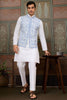 Enchanting White Thread Work Silk Wedding Wear Men Kurta With Pant And Jacket