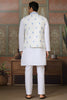 Enchanting White Thread Work Silk Wedding Wear Men Kurta With Pant And Jacket