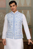 Enchanting White Thread Work Silk Wedding Wear Men Kurta With Pant And Jacket