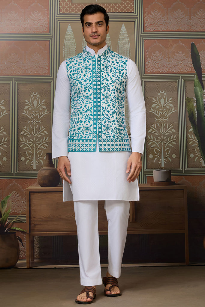 Majestic White Sequins Silk Function Wear Men Kurta With Pant And Jacket