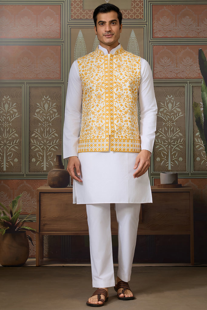 Adorable White Silk Haldi Wear Men Kurta With Pant And Jacket