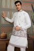 Charming White Thread Embroidered Silk Men Kurta With Pant And Jacket