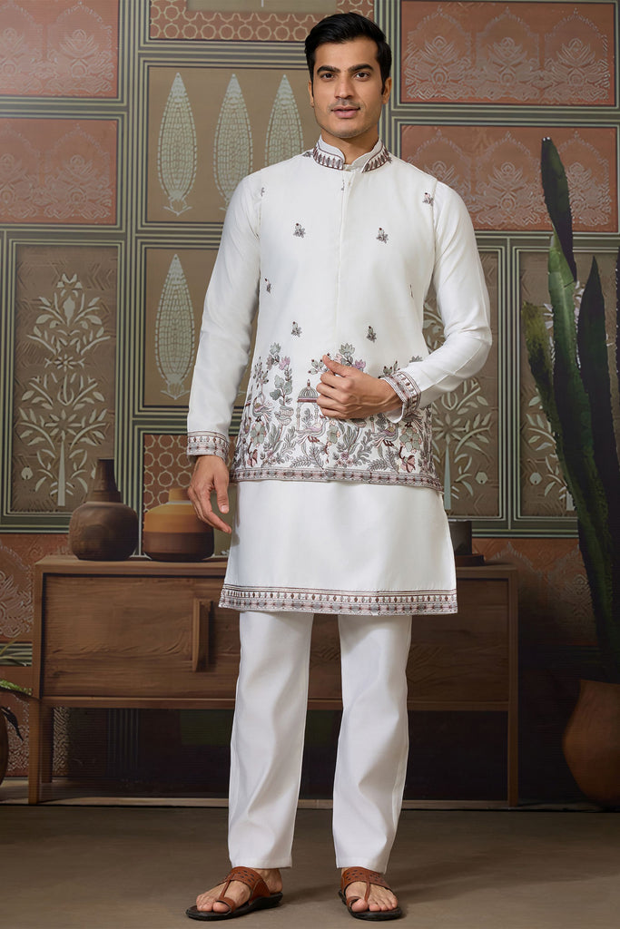 Charming White Thread Embroidered Silk Men Kurta With Pant And Jacket
