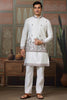 Charming White Thread Embroidered Silk Men Kurta With Pant And Jacket