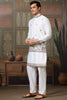 Charming White Thread Embroidered Silk Men Kurta With Pant And Jacket