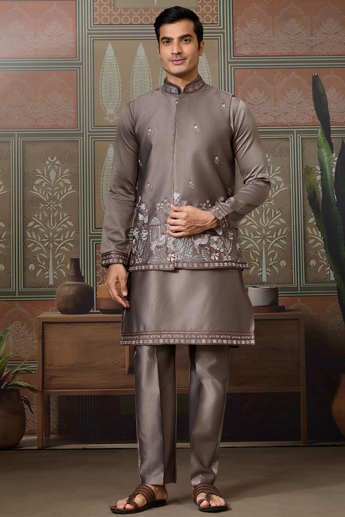 Outstanding Grey Embroidered Silk Wedding For Men Kurta With Pant And Jacket