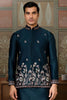 Classic Teal Blue Sequins Silk Function Wear Men Kurta With Pant And Jacket