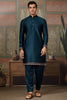 Classic Teal Blue Sequins Silk Function Wear Men Kurta With Pant And Jacket
