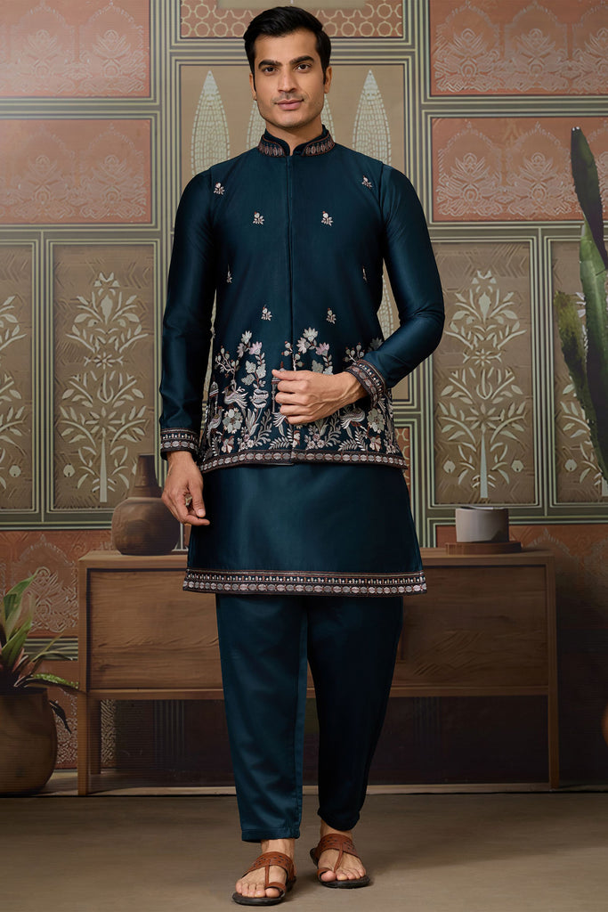 Classic Teal Blue Sequins Silk Function Wear Men Kurta With Pant And Jacket