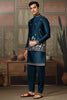 Classic Teal Blue Sequins Silk Function Wear Men Kurta With Pant And Jacket