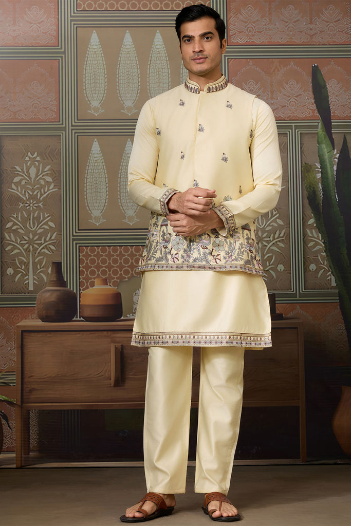 Fantastic Light-Yellow Thread Embroidered Silk Men Kurta With Pant And Jacket