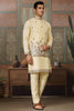 Fantastic Light-Yellow Thread Embroidered Silk Men Kurta With Pant And Jacket