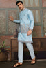 Attractive Sky-Blue Thread Work Silk Traditional Men Kurta With Pant And Jacket