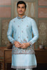 Attractive Sky-Blue Thread Work Silk Traditional Men Kurta With Pant And Jacket