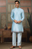 Attractive Sky-Blue Thread Work Silk Traditional Men Kurta With Pant And Jacket