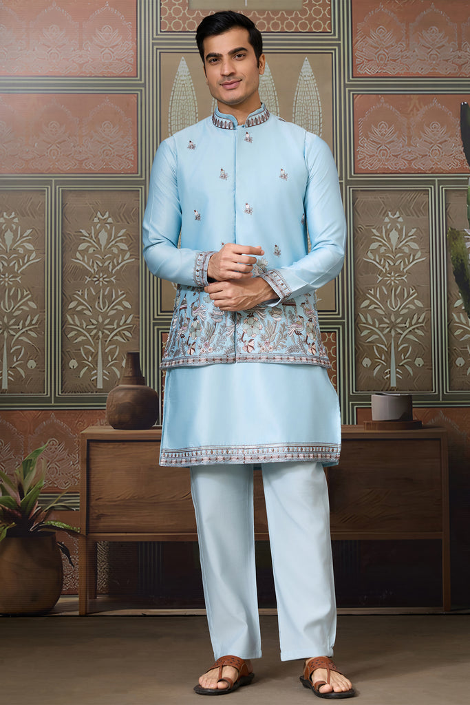 Attractive Sky-Blue Thread Work Silk Traditional Men Kurta With Pant And Jacket