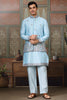 Attractive Sky-Blue Thread Work Silk Traditional Men Kurta With Pant And Jacket