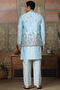 Attractive Sky-Blue Thread Work Silk Traditional Men Kurta With Pant And Jacket