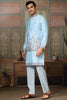 Attractive Sky-Blue Thread Work Silk Traditional Men Kurta With Pant And Jacket