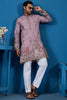 Lovable Dusty Pink Thread Work Viscose Traditional Men Kurta