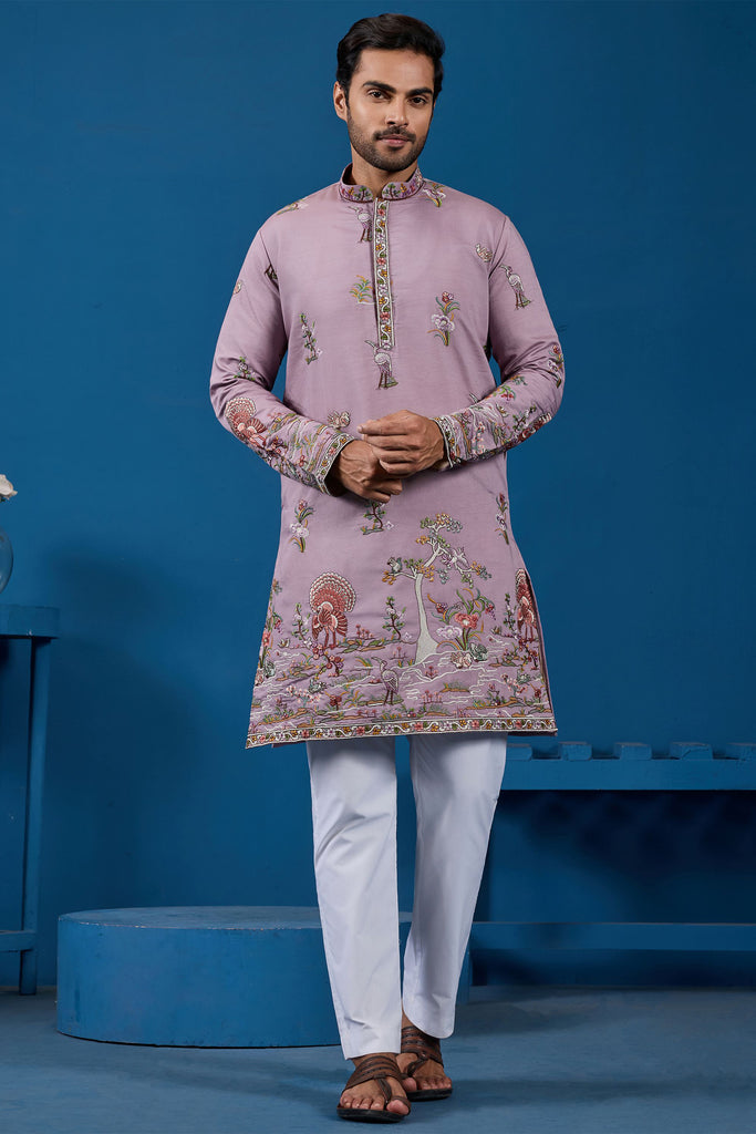 Lovable Dusty Pink Thread Work Viscose Traditional Men Kurta