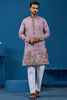Lovable Dusty Pink Thread Work Viscose Traditional Men Kurta