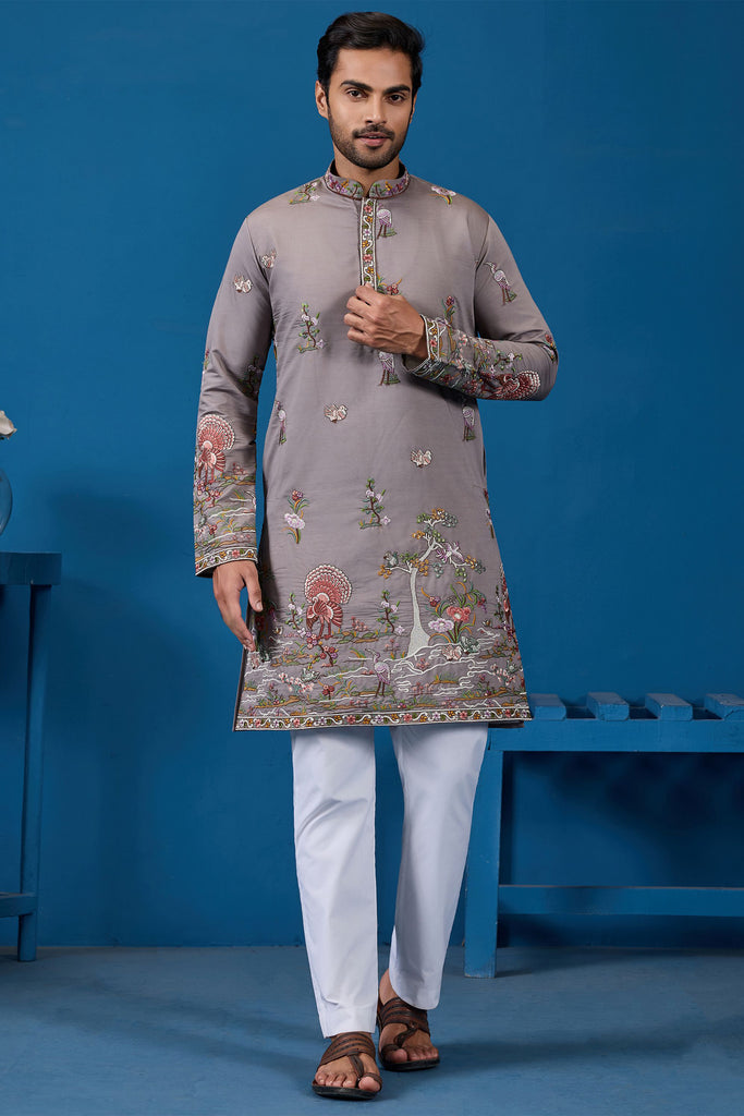 Gorgeous Grey Thread Embroidered Viscose Silk Function Wear Men Kurta