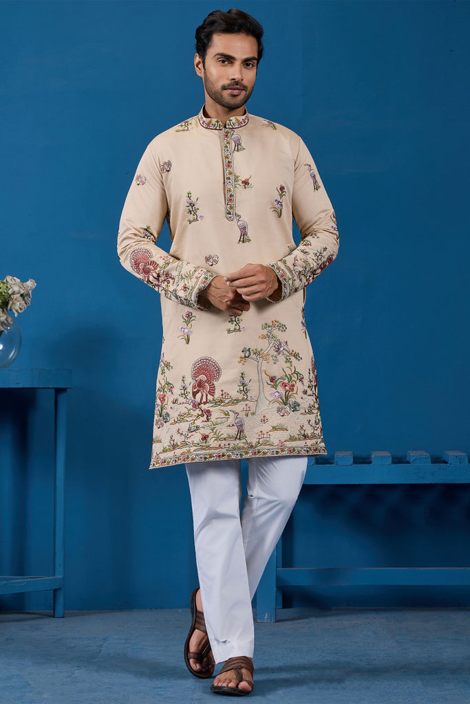 Spectacular Beige Thread Embroidered Viscose Silk Wedding For Men Kurta